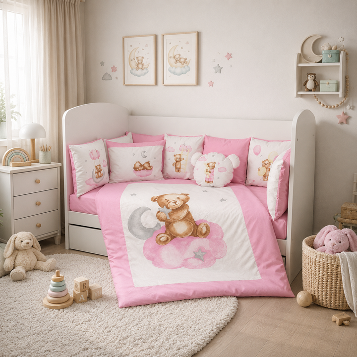 Rainy Βρεφικό σετ ύπνου 7 τεμαχίων Baby Bear One size ροζ