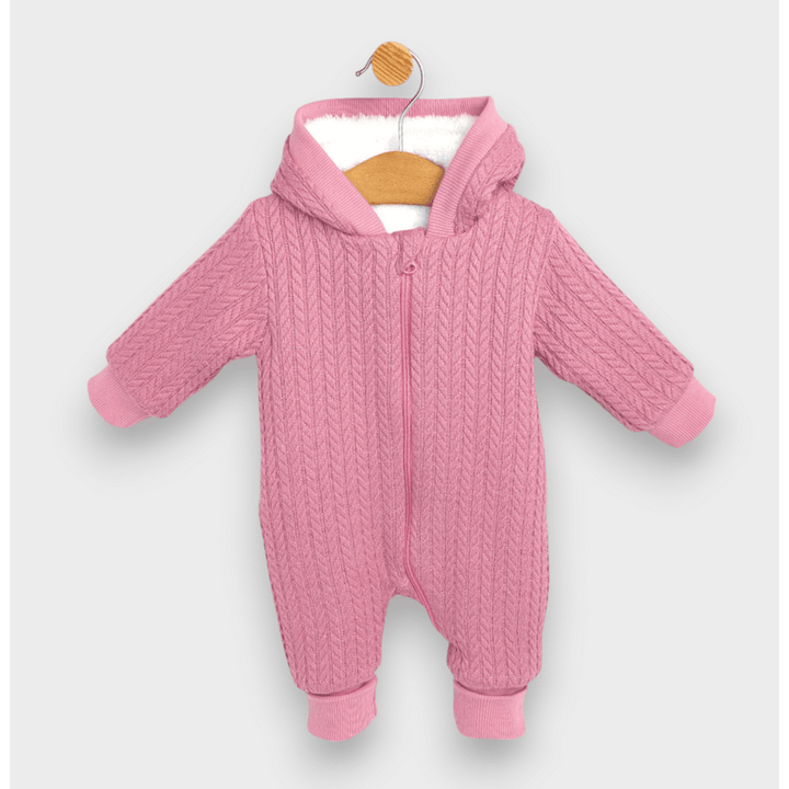 Rainy Πλεκτό βρεφικό ολόσωμο φορμάκι με φερμουάρ και κουκούλα 56 - 80 εκ. ροζ σταχτί