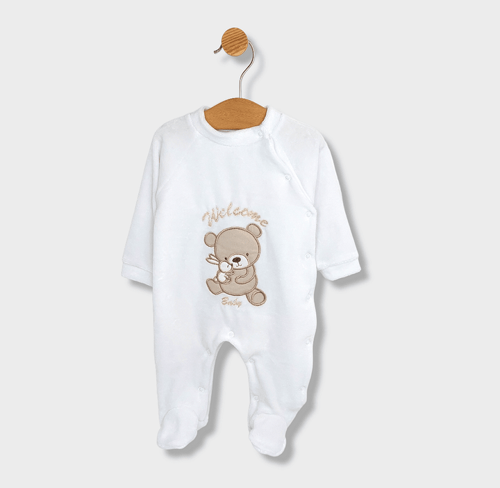 Rainy Βρεφικός βελούδινος ολόσωμος φορμάκι Welcome Baby Bear and Rabbit 56-62 εκ. λευκό