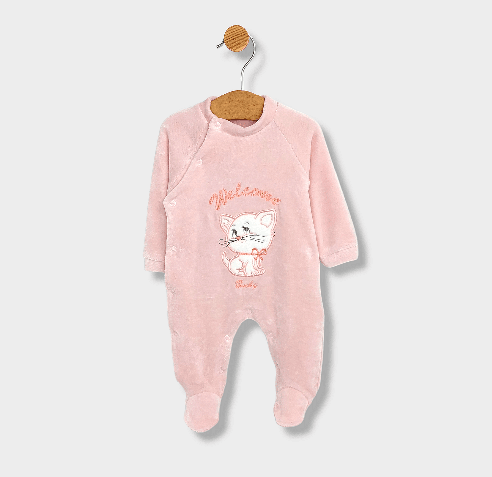 Rainy βρεφικό βελούδινο φορμάκι Welcome Baby Cat 56-62εκ. ροζ