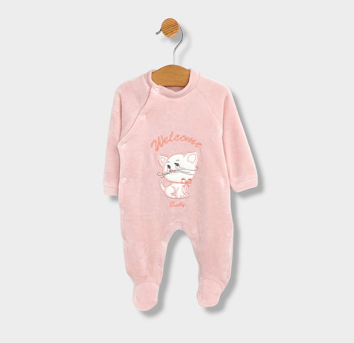Rainy βρεφικό βελούδινο φορμάκι Welcome Baby Cat 56-62εκ. ροζ
