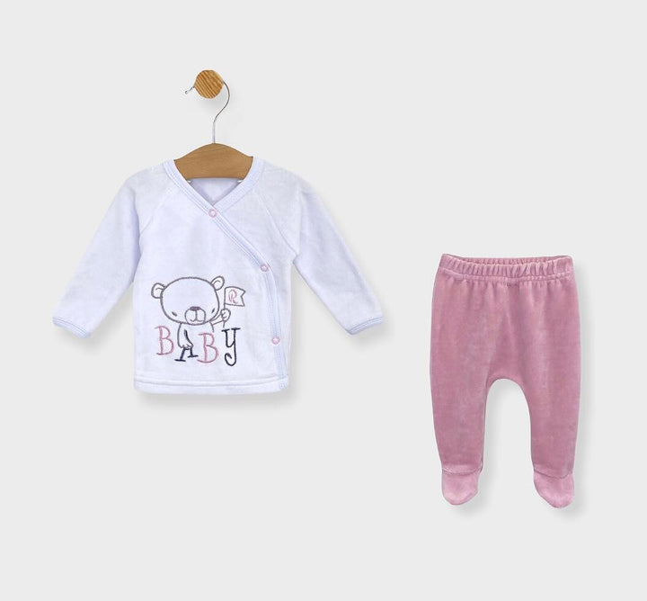 Rainy Βρεφικό βελούδινο σετ 2 τεμαχίων Baby Bear ροζ