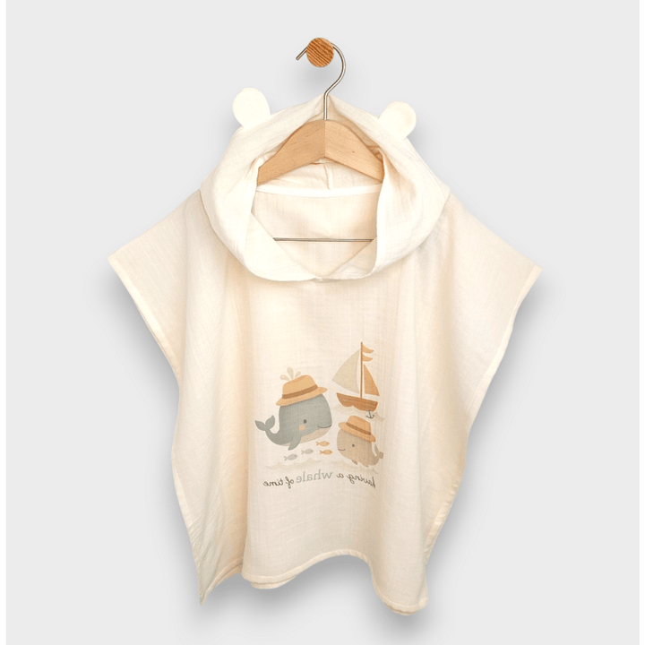 Rainy Βρεφική μουσελίνα πόντσο με κουκούλα Whales Beige