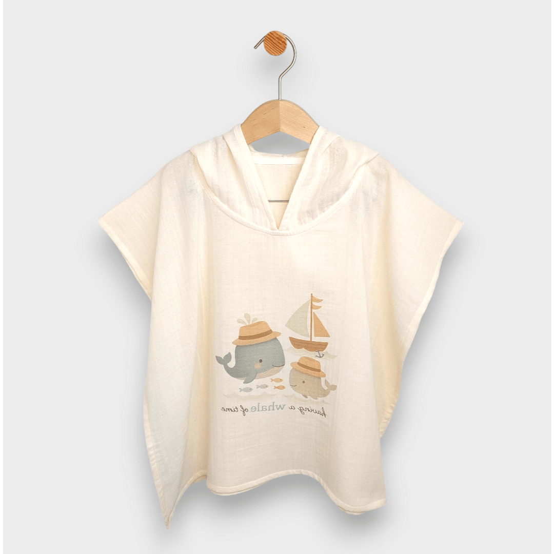 Rainy Βρεφική μουσελίνα πόντσο με κουκούλα Whales Beige
