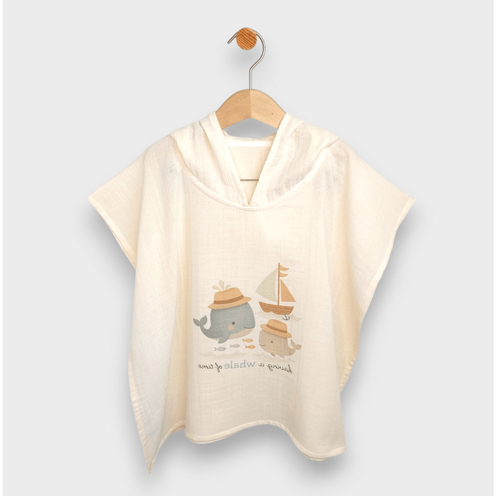 Rainy Βρεφική μουσελίνα πόντσο με κουκούλα Whales Beige